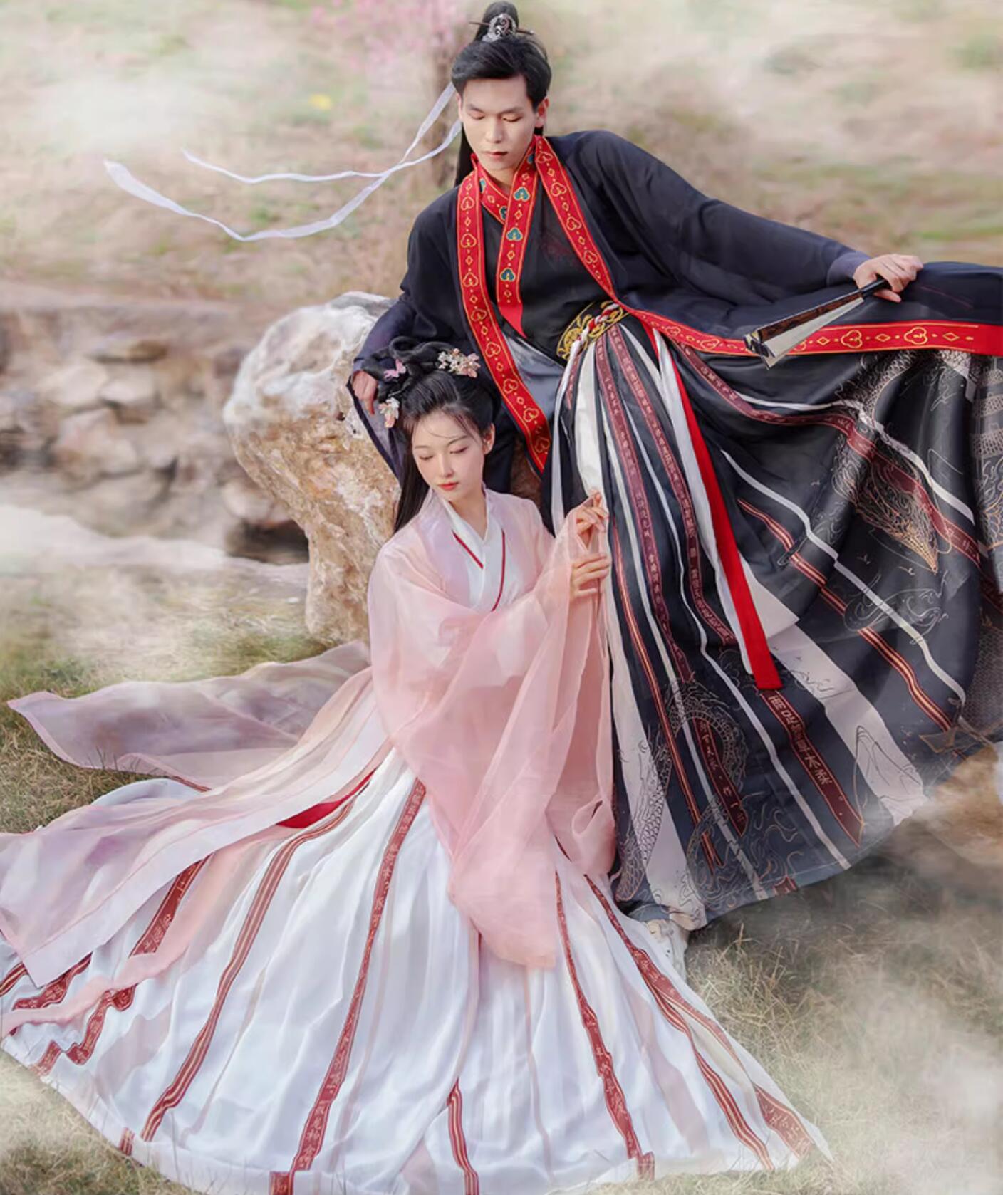 大人漢服 男女お揃い ペアルック チャイナ服 中華コスプレ衣装 羽織付き3点セット メンズ レディース 振袖羽織 交差襟 中華衣装 飄逸 漢服 龍プリント おしゃれ 華流 舞台 ステージ 撮影衣装 ハ