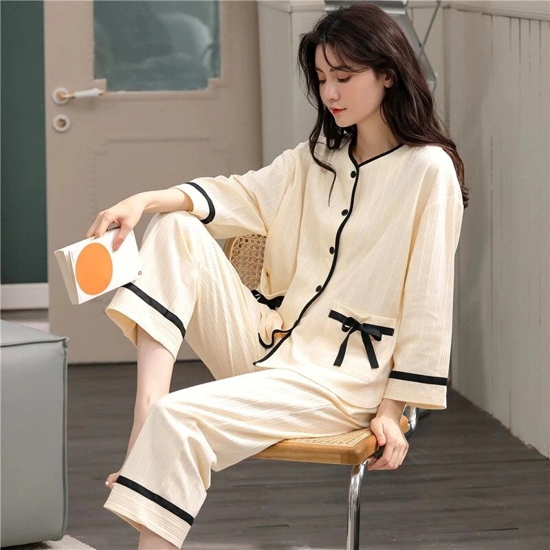 コットンパジャマレディース春長袖カーディガン綿100％外側に着用可能のホームサービスツーピース