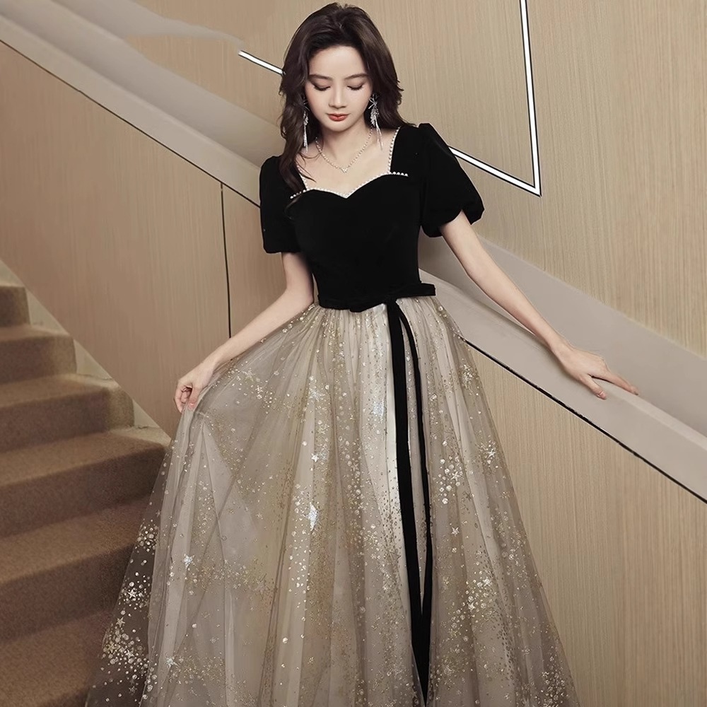 【送.料.無.料.急速発送】黒のレトロなスクエアネックスカート網紗仙スカートドレス 演奏会 ウェディング 発表会 成人式 二次会 お呼ばれ