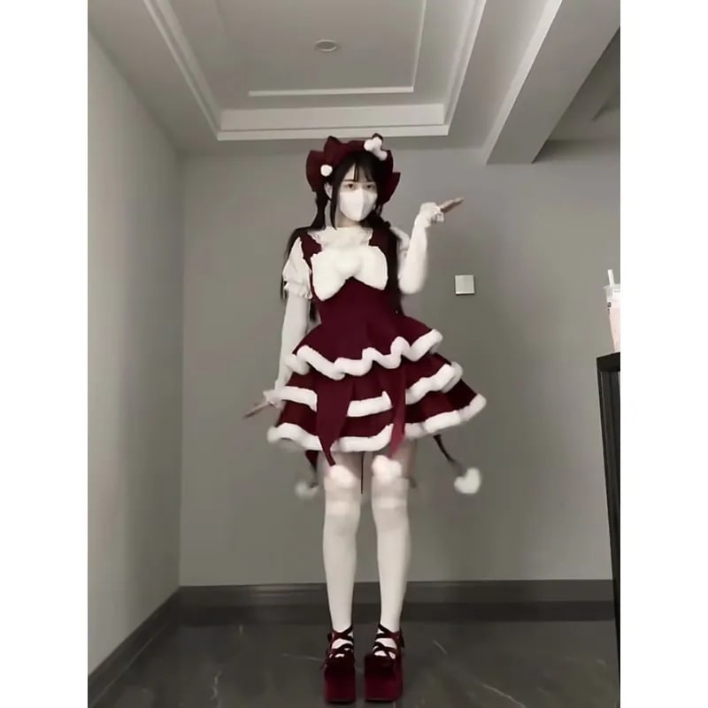 ロリータドレスクリスマスレッドティーンエイジロリータリボンデザインポンポンキャミソールトップファッションセットインス