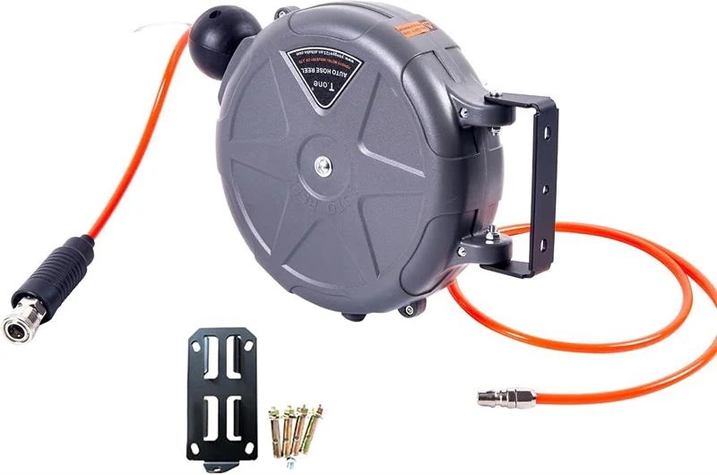 新入荷！ホースリール 収納ホースの長さ10m エアーホース 自動巻取式 壁掛け 天吊り式 自動巻き上げ ブラケット付 180回転可能 空気圧工具 オート引き込み式
