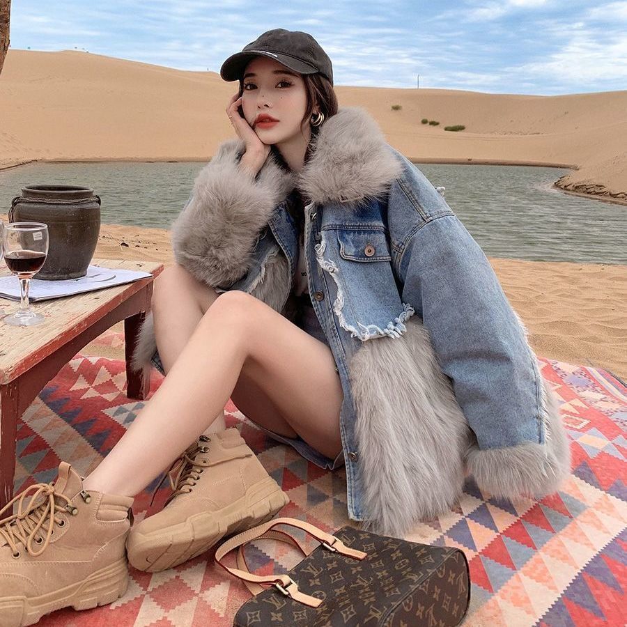 韓国ファッション デニム 毛皮 冬 スリム 防寒 ファーコート レディース ミディアム ハイエンド アウター