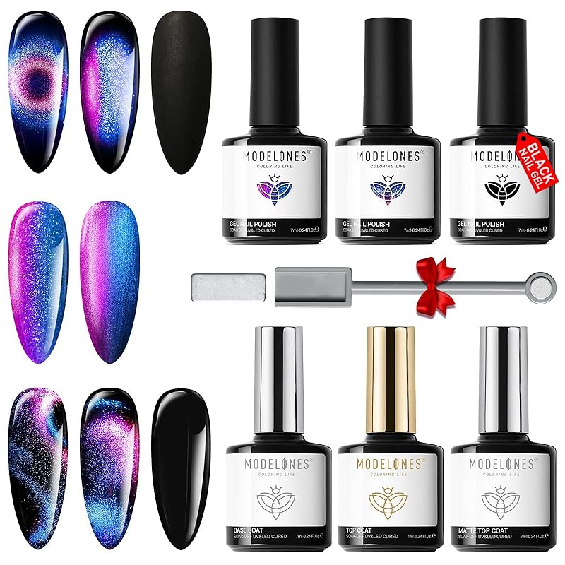 Modelones ジェルネイル マグネットジェルジェルネイルポリッシュキット - 6件 ブラックとラメシリーズ とブルー3色セットとマットと光沢トップコートげとベースコート3件 UV/LED対応 セ 6,133円