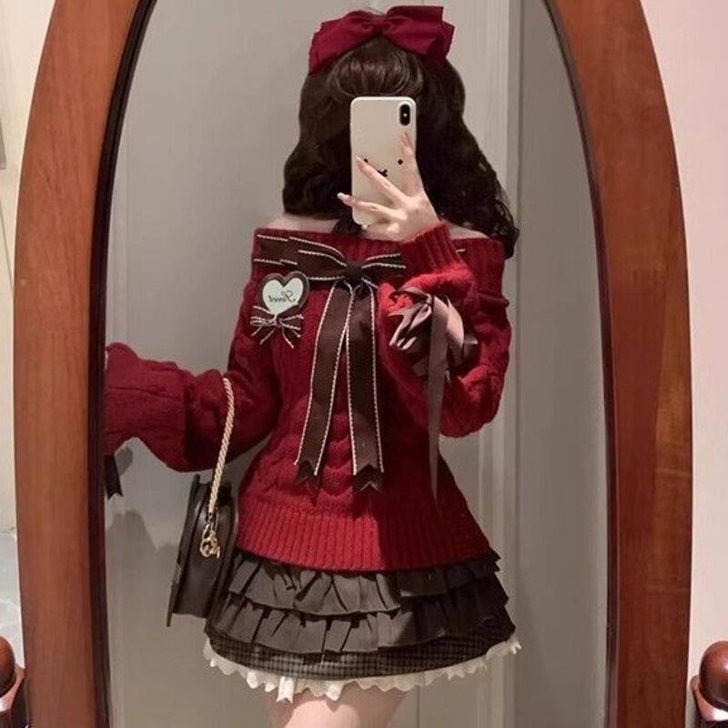 冬のドレス小柄なセット新しい甘い蝶結びオフショルダー編組秋冬ニットセーターハイウエストロールプレイングスカート女性のための