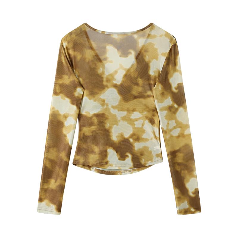 トップス レディース 長袖 タイダイ 染め 水墨画 V ネック Tシャツ 秋 薄手 メッシュ グレー 茶