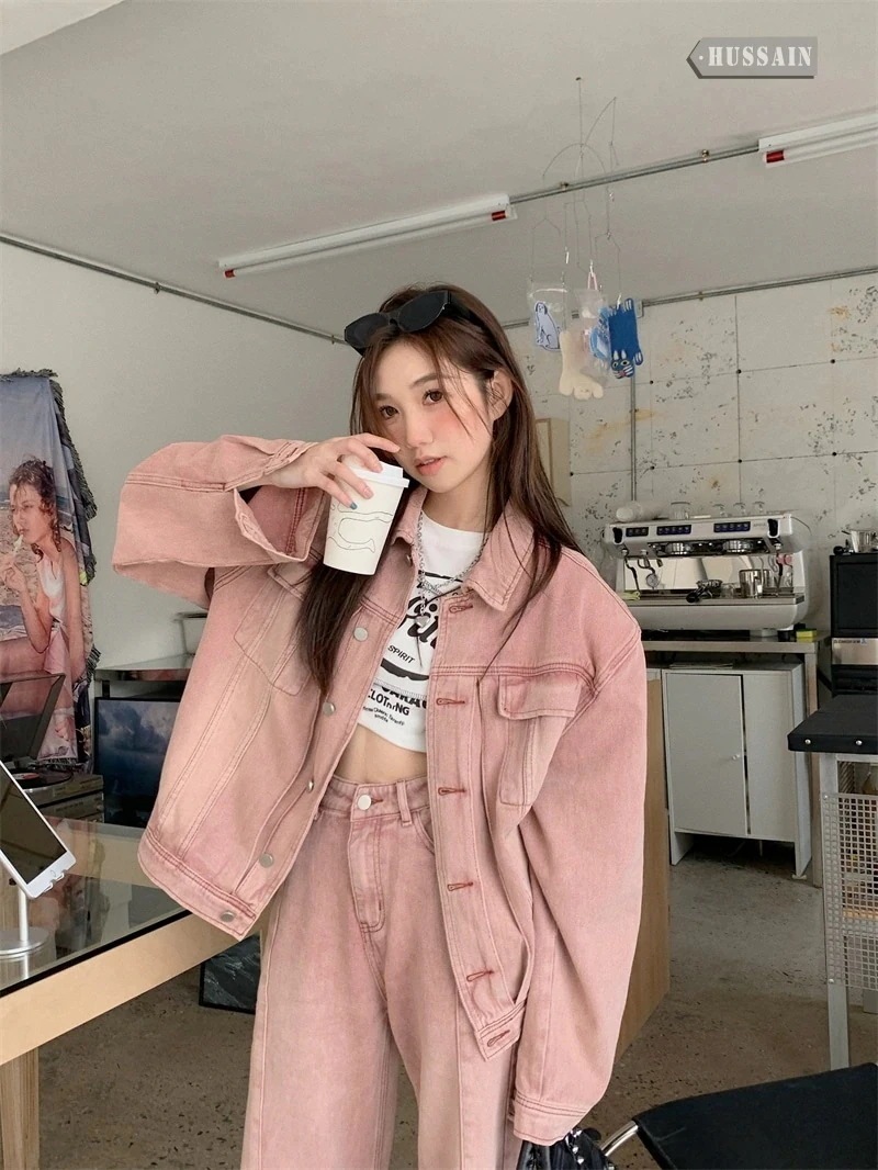 送料無料 デニムセットアップレディース韓国ピンクデニムオーバーサイズワイドパンツデニムジャケット上下セットストレートアウターGジャン羽織り学生上下セットカジュアル韓国っぽY2k