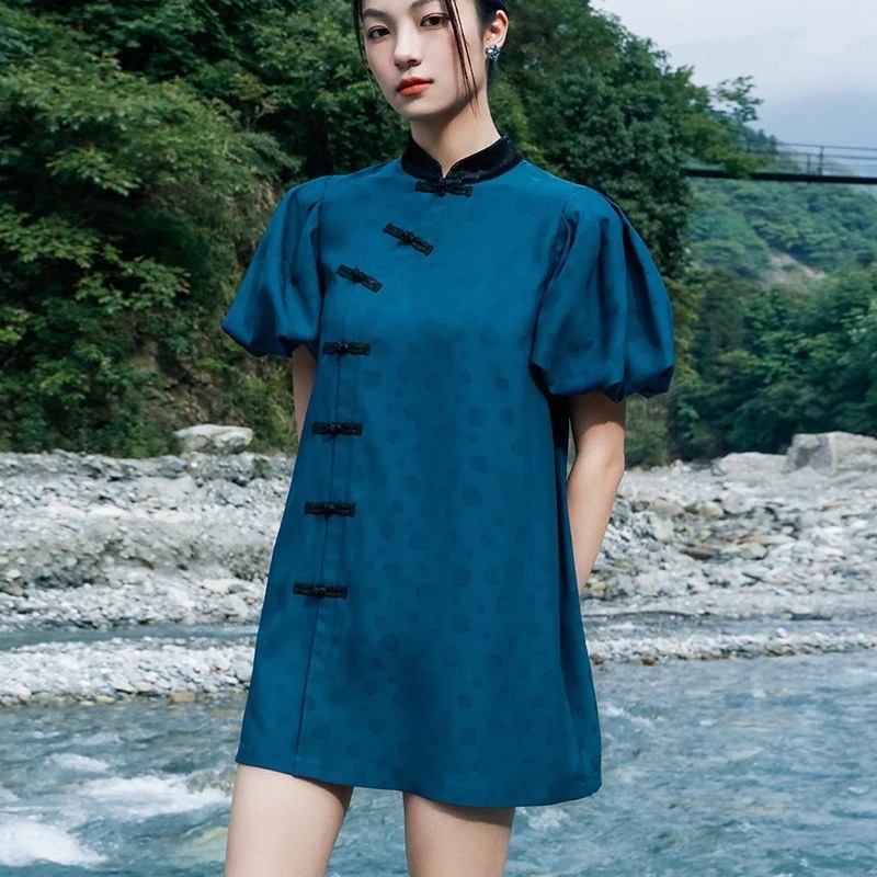 2wayワンピース 改良チャイナドレス 配色 フロントチャイナボタン チャイナ風ワンピース ミニワンピース 夏 半袖 ボリュームスリーブ 青