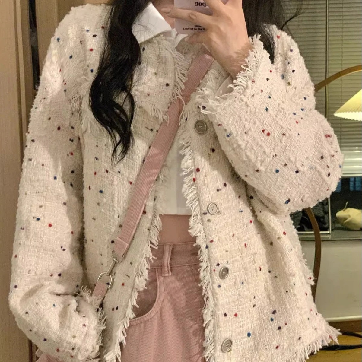（細工が凝っている）韓国のポルカドットスプリングの女性のための小さなフレグランスジャケット新しいハイエンドデザインとゆるいスリムファッションカーディガントップ 7,062円