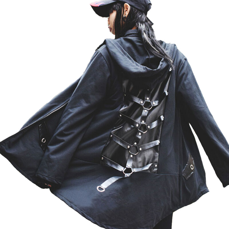 バックハーネスパーカー 原宿系 中性 ユニセックス モード パンク モード系 パンク系 黒系 オールブラック ハーネス pe-20537