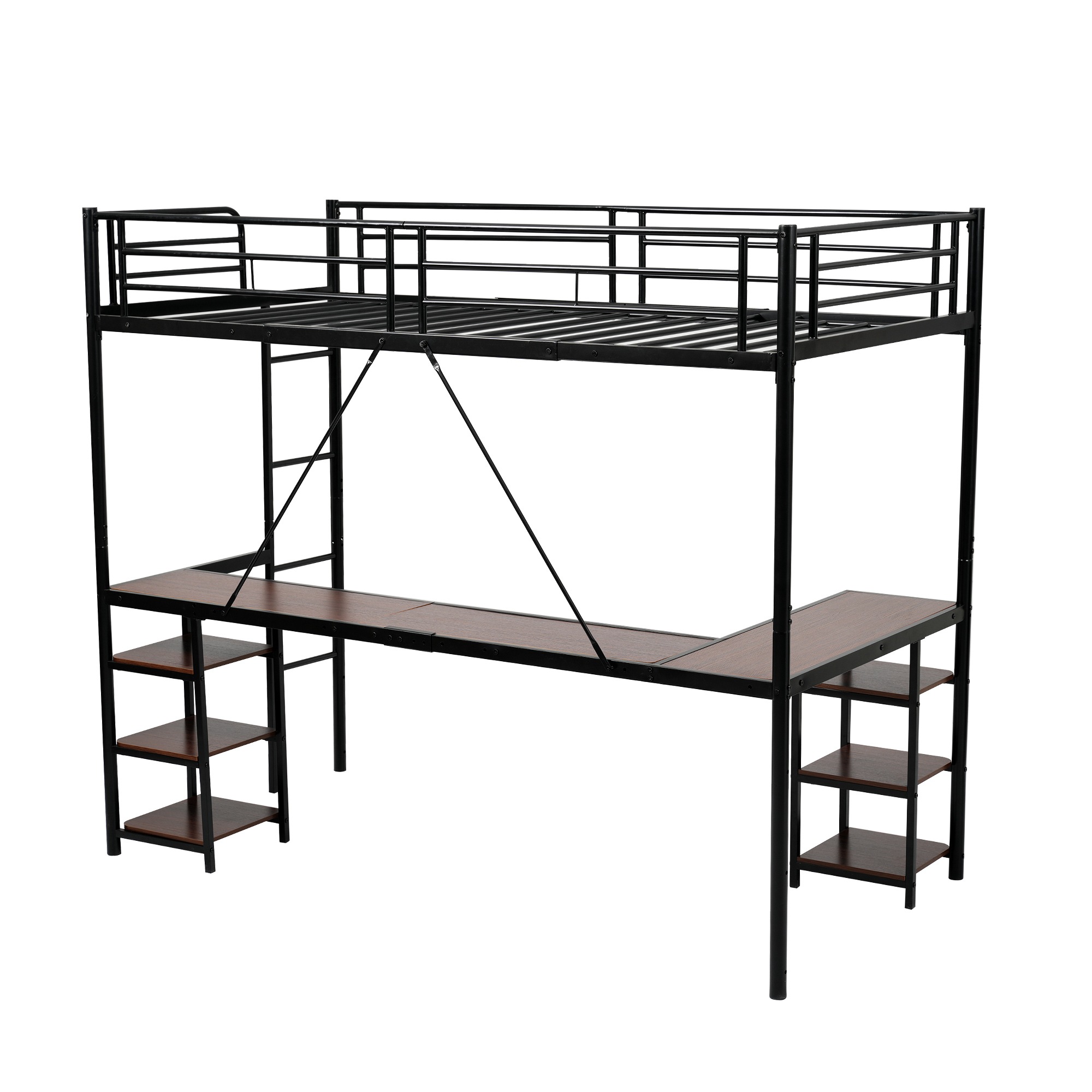 【国内出荷 - 3日配達】ロフトベッド パイプベッド シングル デスク付き 収納棚 ハシゴ付き 左右入れ替え可能 ロフトベッド 収納 大人 一人暮らし 子供ベッド 北欧風 二段ベッド 子供部屋 スチー