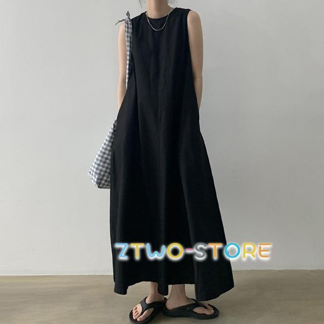 ワンピース ロング ノースリーブ ワンピース 黒 ワンピース マキシ丈 ワンピース 春 カジュアル レディース ワンピース 夏 体型カバー ゆったり ラウンドネック