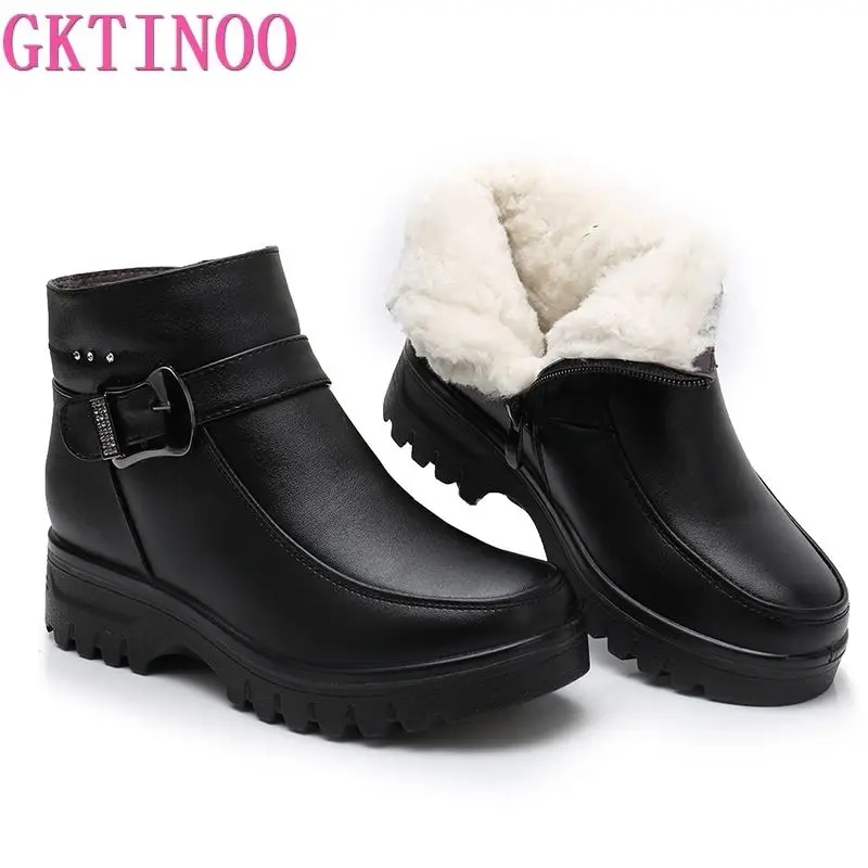 Gktinoo-女性のためのファッショナブルな本革のブーツ 厚くて暖かいぬいぐるみ 防水性と滑り止めのブーツ