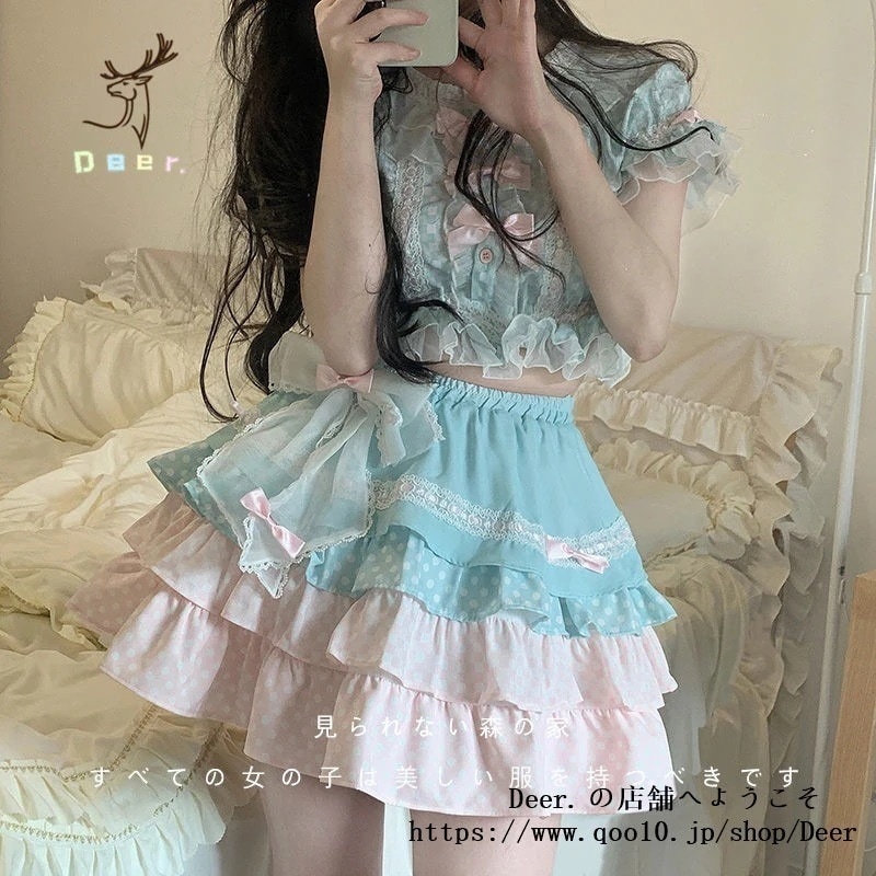 送 料 無 料！2025 夏ファッション ロリータセット リボンステッチ メッシュトップ ハイウエストケーキスカート ティーシステム 2点セット 女性 脚魅せミニスカート