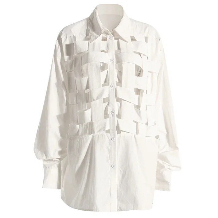 個性 不規則 デザイン 編み込みデザインモード形シャツ 白 個性シャツ