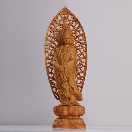 透かし背景 数珠 観音像 観音菩薩 立像 木彫り 仏像 置物 仏壇仏像 高級天然