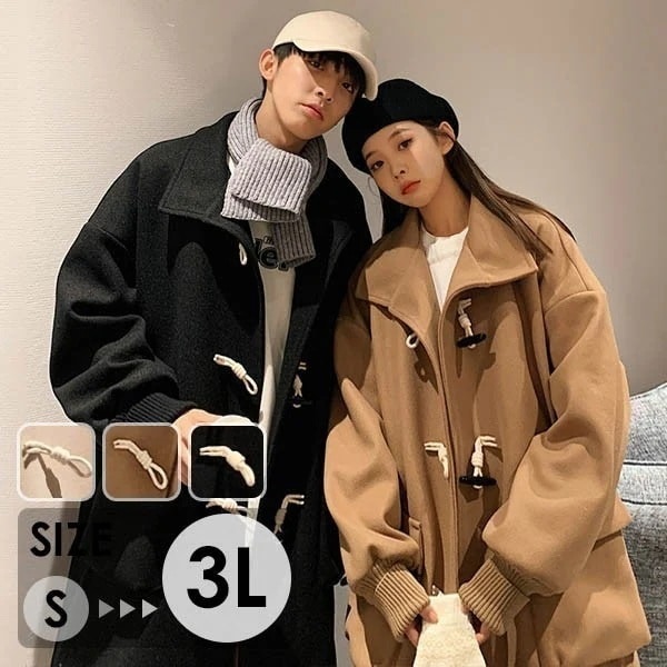 カップル ペア 恋人 ダッフルコート レディース メンズ 男女兼用 チェスターコート ウール混 メルトン 冬 コート ミモレ丈 無地 学生 フード付き カジュアル ジャケット トップス アウター ブラ