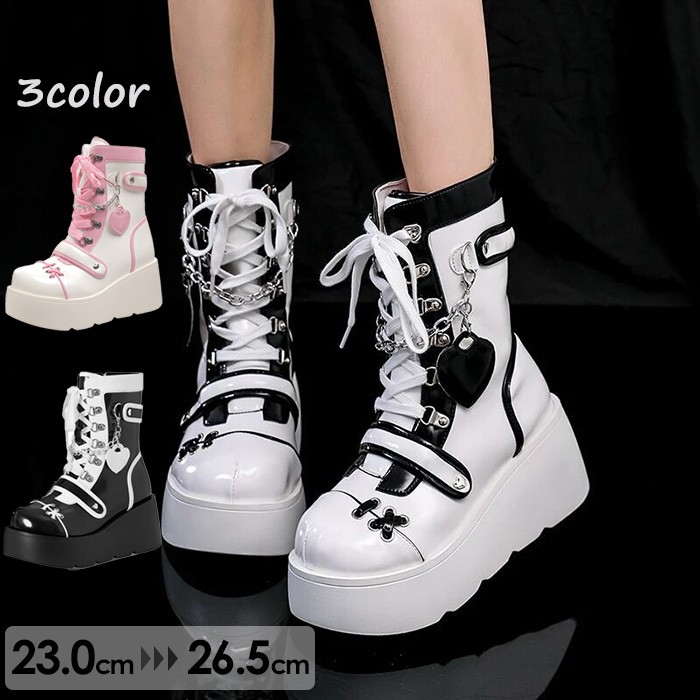 厚底 ブーツ レディース バックルストラップ ミッドカーフブーツ 欧米風 パンク ロリータ風 かわいい 大きいサイズ お嬢様 日常 美脚 ホワイト ブラック ピンク