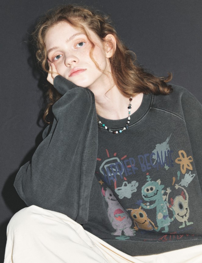 happy day ピグメントスウェットシャツ スモークブラック　UNISEX