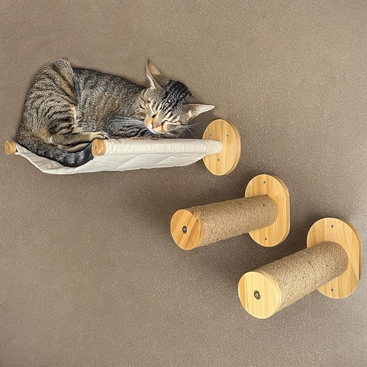 キャットステップ 猫 階段 壁取付 キャットウォーク 木製 麻(ブラウン ウッド, ステップ2個＋ハンモック)