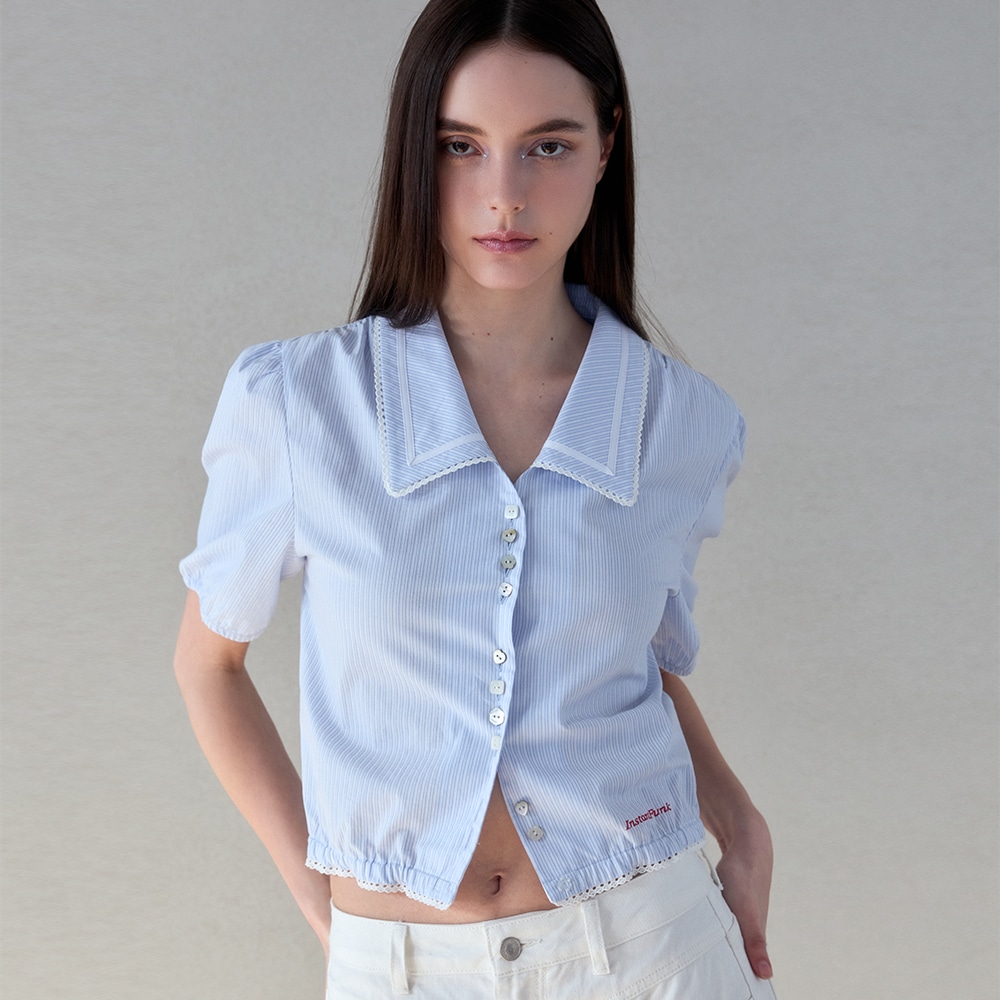 CROPPED SHORT-SLEEVED BLOUSE - BLUE