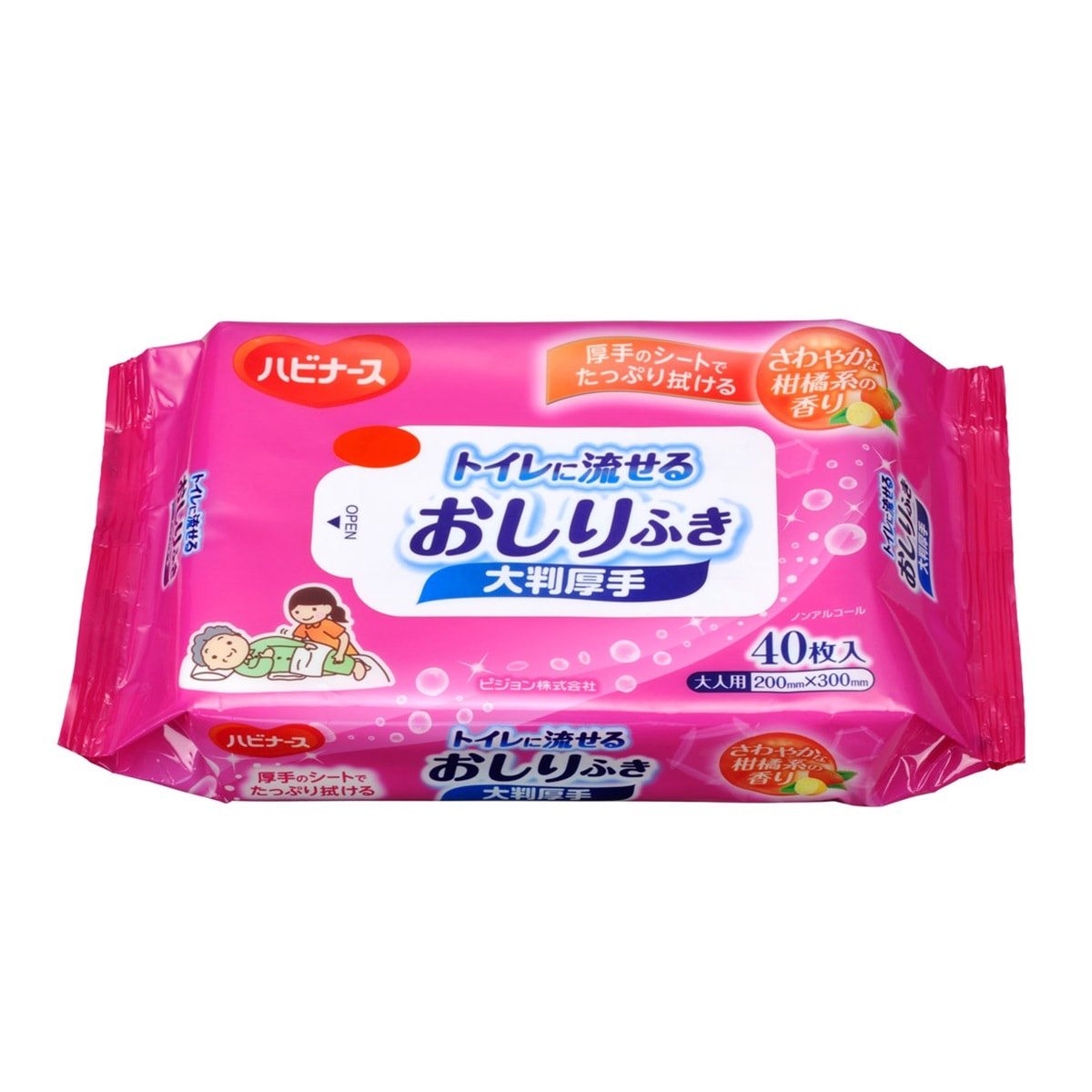 介護用おしりふき ピジョン トイレに流せるおしりふき ノンアルコール さわやかな柑橘系の香り 大判厚手 大人用サイズ 40枚入り X8パック