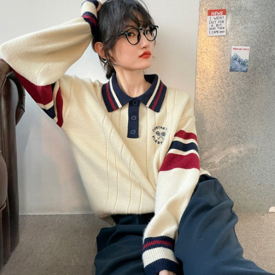 ニットトップス レディース セーター ニット トップス 襟あり 長袖 配色 ワンポイント アメカジ レトロ カジュアル ルーズシルエット おしゃれ お出掛け ポロ襟 プルオーバー 学生