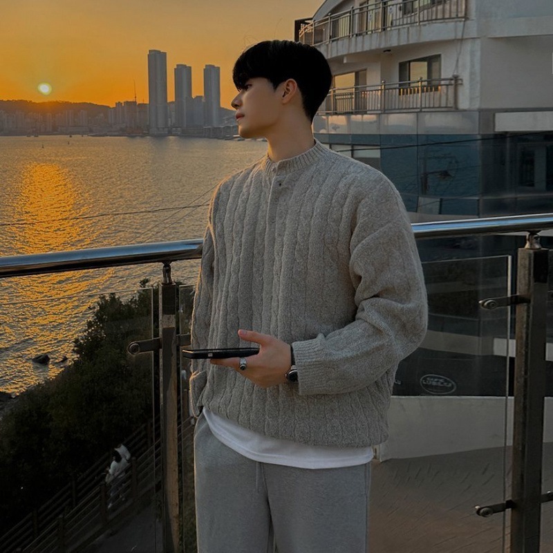 風ヘンリーカラージャンパーメンズ秋冬ウェア韓国緩いニッチニット