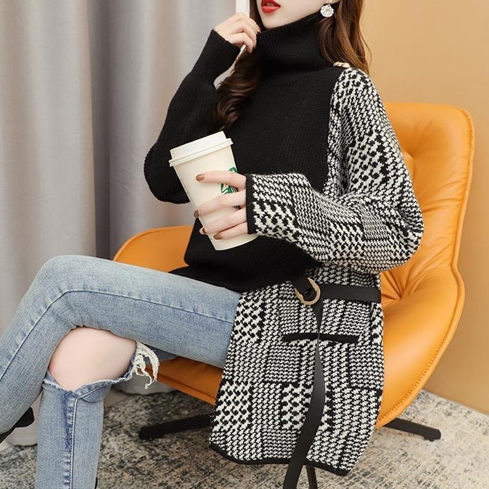 配色ニット サイドストラップ チェック おしゃれ アシンメトリー 韓国 レディース オルチャン 長袖 ハイネック タートルネック 切り替えデザイン ドッキング オーバーサイズ