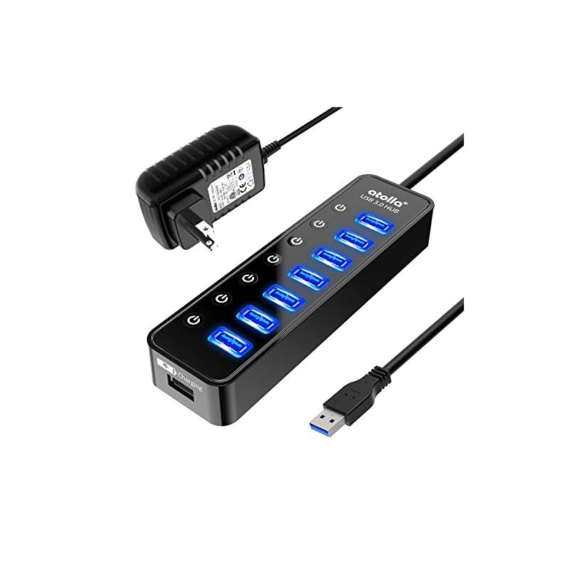 USB ハブ atolla USB 3.0 Hub 7ポート増設 + 1充電ポート, USB拡張 セルフパワー/バスパワー 【独立スイッチ付5V/4A ACアダプタ付き100cm USBケーブル】