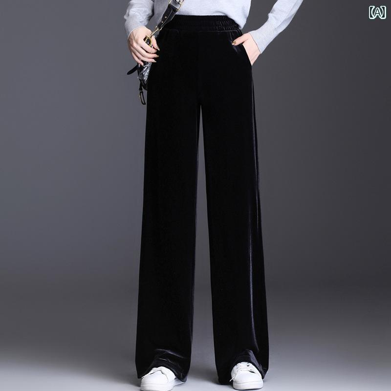 レディース パンツ 秋冬 ゴールド ベルベット ワイド レッグ ドレープ 感 ハイウエスト ストレート ラテン ダンス スポーツロングパンツ