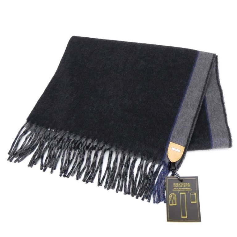 ルイヴィトン LOUISVUITTON マフラー エシャルプLVステープルエディション MP2427 黒グレー カシミヤ100％ 【中古】(64217)