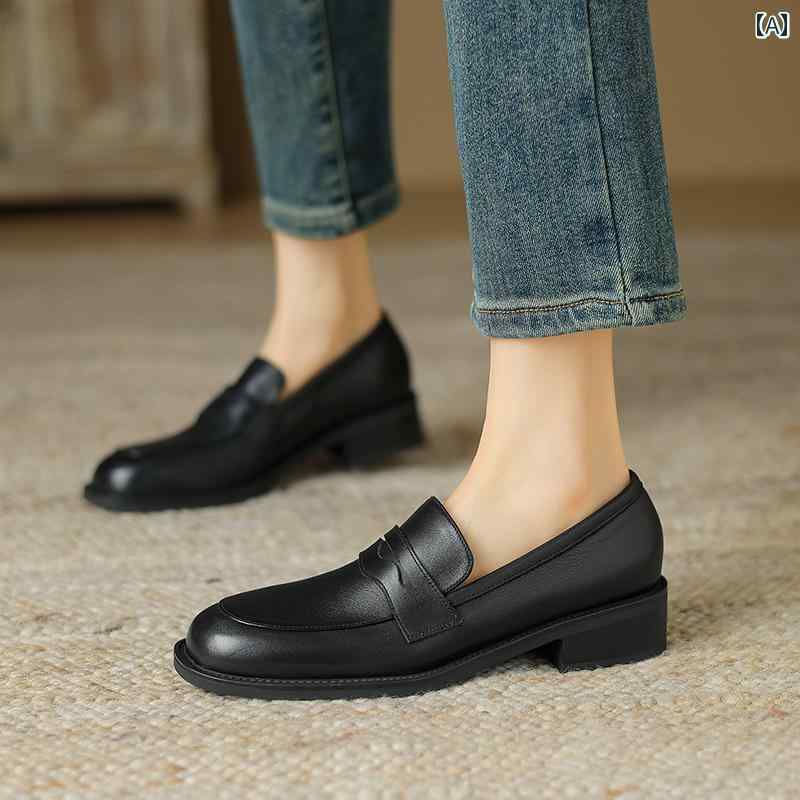 ローファー レディース オフィス 英国風 革 深口 レトロ ラウンドトゥ 太 ヒール 小さめ 革靴 快適 通勤 靴