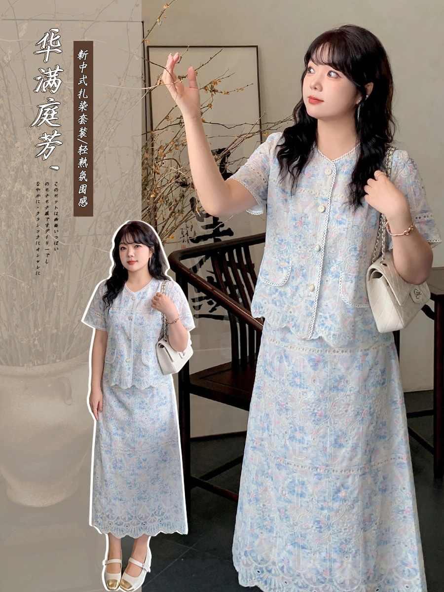 【ぽちゃまに】 夏 中華風 上今週の割引は 25% オフです下セット 大きいサイズ 体型カバー レディース ブラウス+スカート セットアップ メガ割