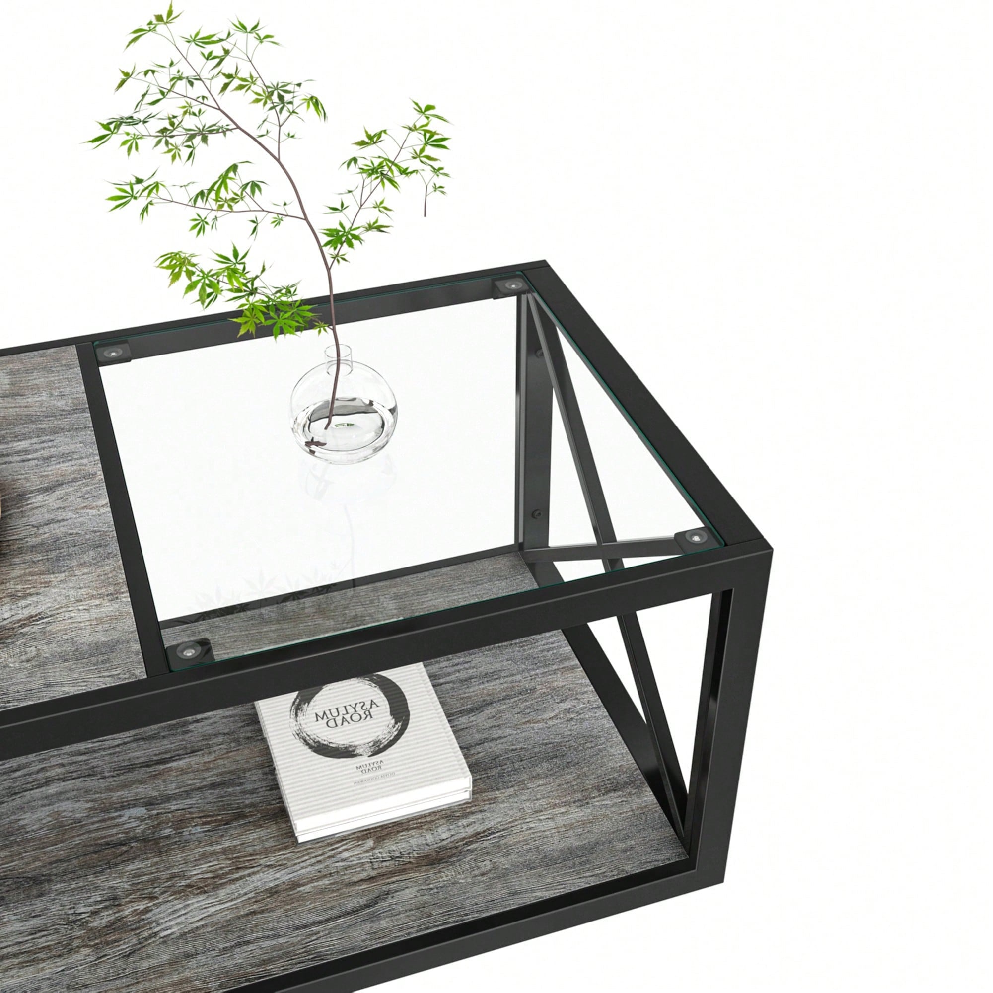 長方形コーヒーテーブル リビング用 強化ガラス天板×ウッド調MDF インダストリアルスタイル ローテーブル