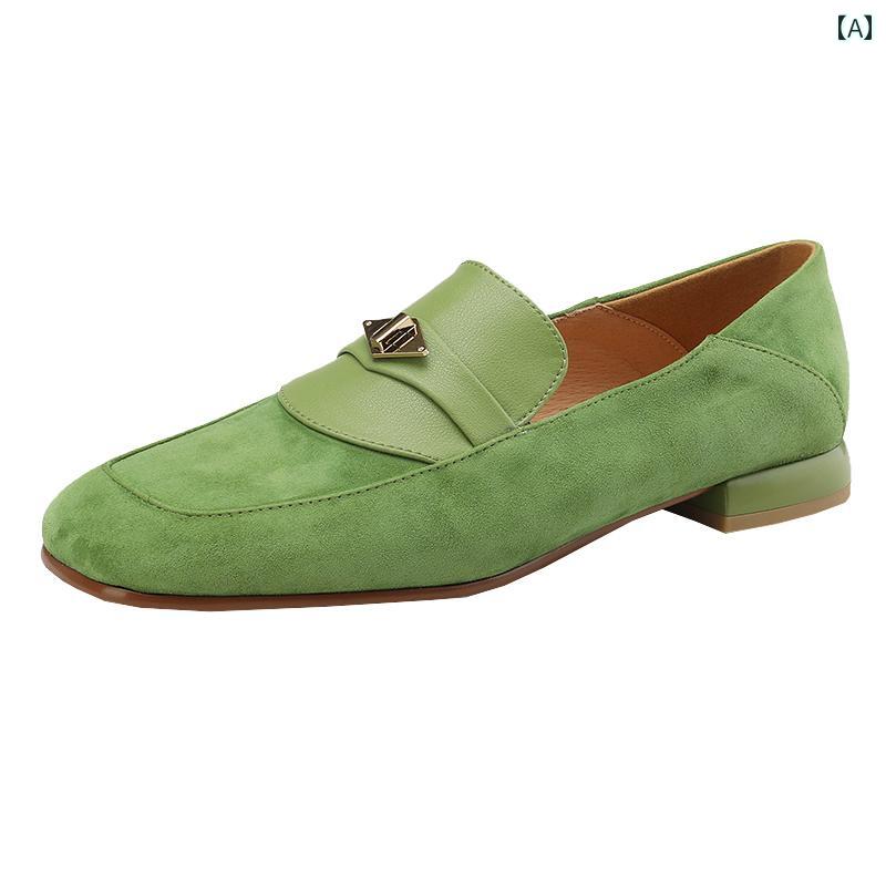 ローファー レディース 歩きやすい 通勤 通学 韓国 ヌバックレザー フラット シューズ 女性 春かか 革靴 グリーン