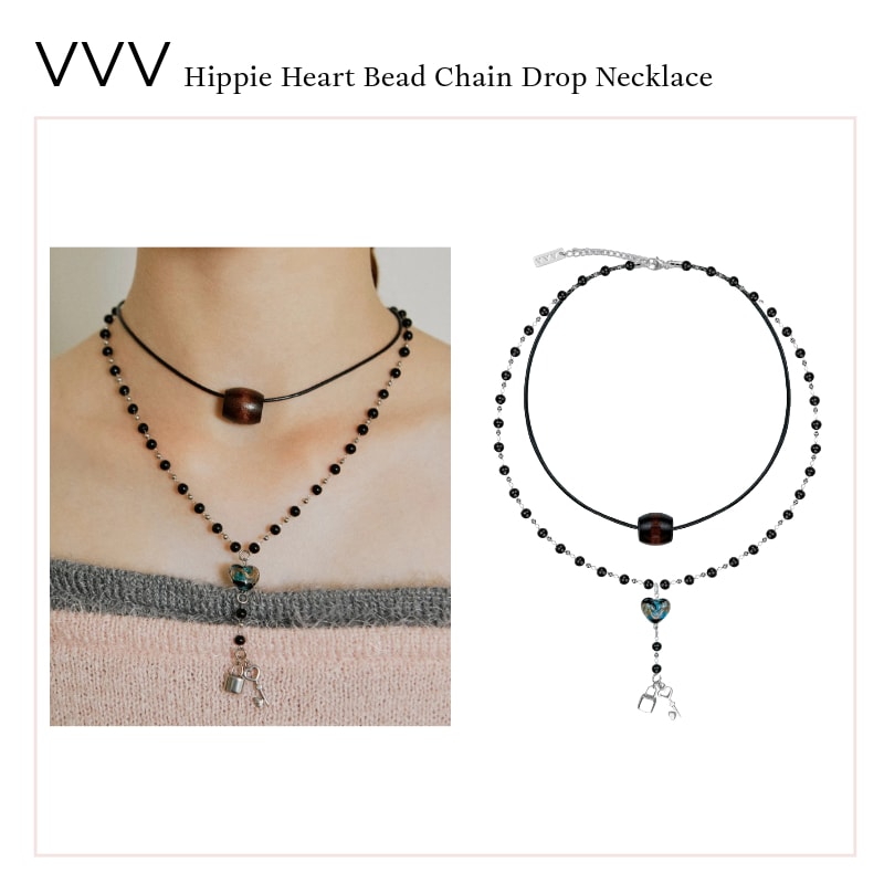 [SET]ヒッピーハートビーズチェーンドロップネックレス Hippie Heart Bead Chain Drop Necklace