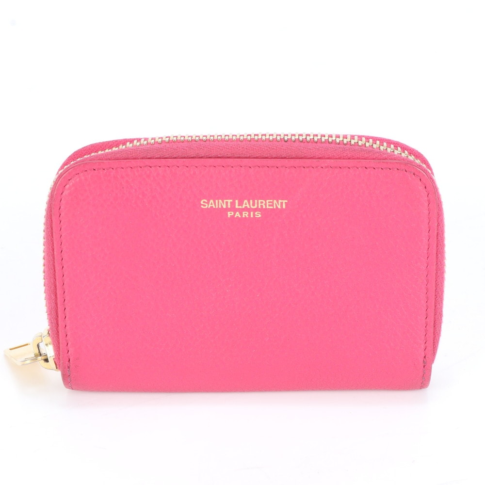 極美品 YSL レザー コインケース 小銭入れ コンパクト ウォレット ラウンドファスナー カードケース 長財布 二つ折り ピンク レディース ECE CJ18-6 中古