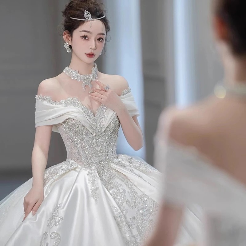 ウェディングドレス 2025新花嫁 ワンショルダー ウェディング メイン糸 サテン プリンセス 上質な質感 プチ