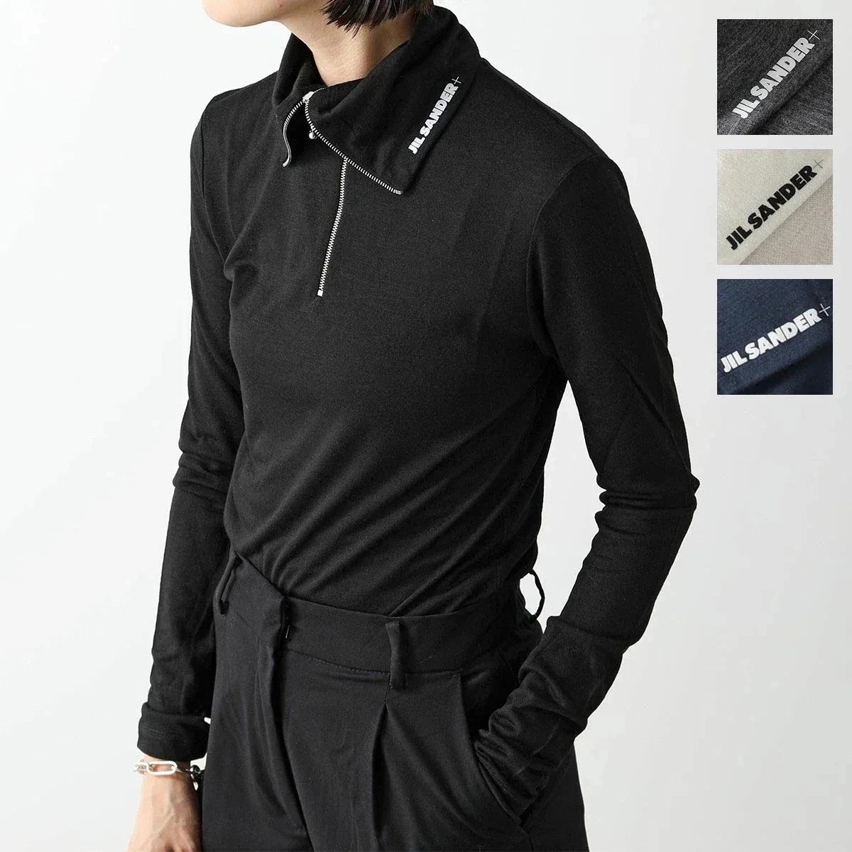 JIL SANDER+ ジルサンダープラス カットソー J40GC0021 J70021 ハーフジップ セーラーカラー ハイネック ウール混 ロゴ 長袖 ロンT