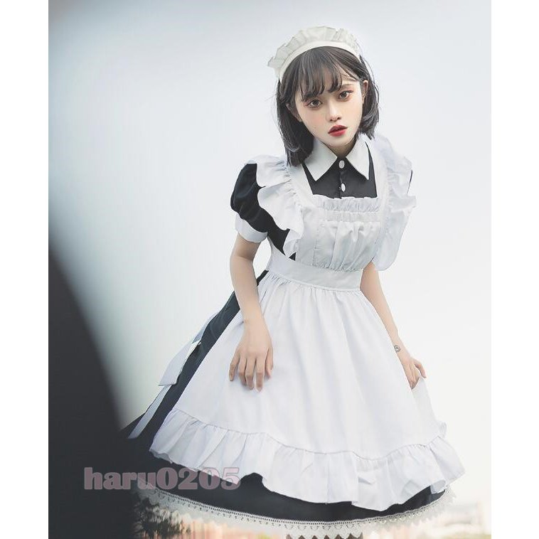 107メイド服 レディース コスプレ ワンピース 膝丈 黒白 半袖 長袖 エプロン クラシカル ロイヤルメイド ロリータ フリル クラシカル 制服 喫茶店変装 ハロウィン