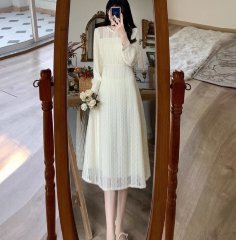 ワンピース デート モテアイテム ロング丈 袖あり シャツ レース フレア Aライン かわいい 可愛い きれいめ シンプル カジュアル 上品 おしゃれ かっこいい 可愛い 女子