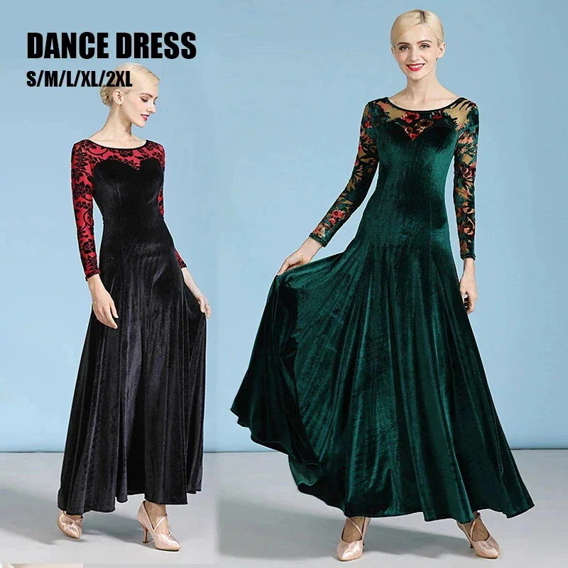 【期間特恵】即纳2XL XL L M S 祭り 発表会 パーティ イベント 忘会 ステージ 舞踏会 長袖 花柄 グリーン ブラック 大きい裾 豪華 おしゃれ ベルベット ワルツ ダンスドレス ダンス服