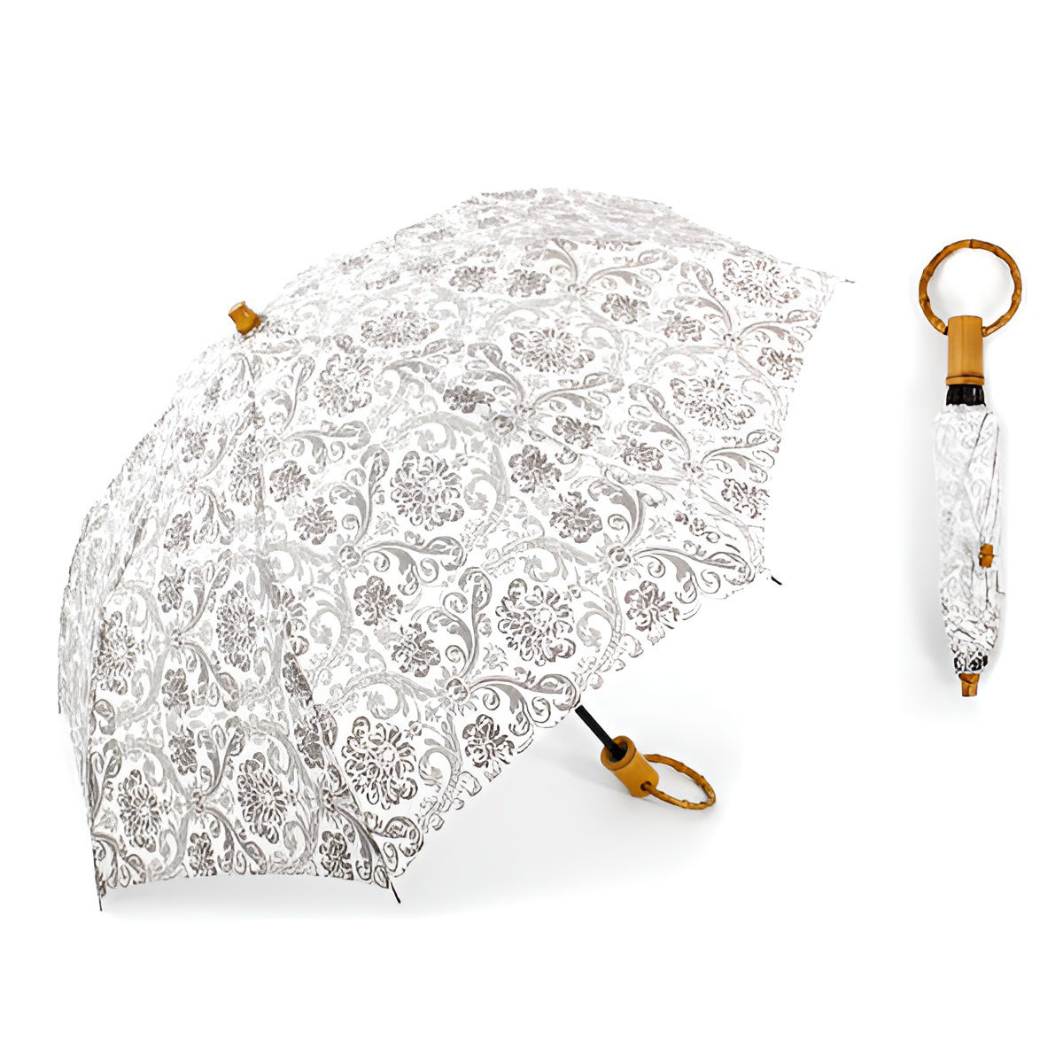 日傘 SUR MER 綿麻シーチング ダマスク柄 折りたたみ ホワイト 日本製 sur mer シュルメール 折りたたみ傘 傘 かさ レディース 綿 麻 ダマスク UVカット アンブレラ