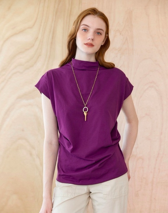 カットソー ゆったり トップス デート Tシャツ カットソー トップス ミディアム丈 ミドル丈 レギュラー丈 袖あり 半袖 フレンチスリーブ ハイネック ボトルネック プリーツ 綿 薄手 コットン