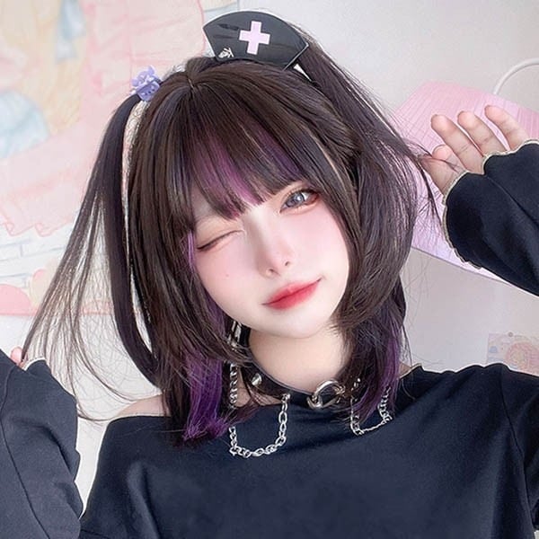 フルウィッグ かつら インナーカラー パープル 女性 短髪 普段使い ミモレ丈 ショートウィッグ