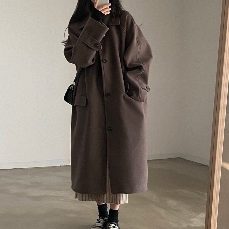 韓国風シックな秋冬レトロテイストのラペル付きシングルボタンゆったりミドル丈ウールコート