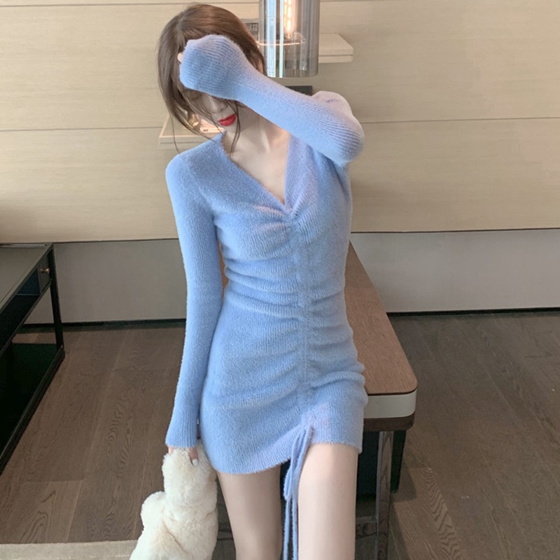 ボディコンシャス カーヴィーライン フロントドロスト 前シャーリング モヘア風 起毛感 ストレッチ