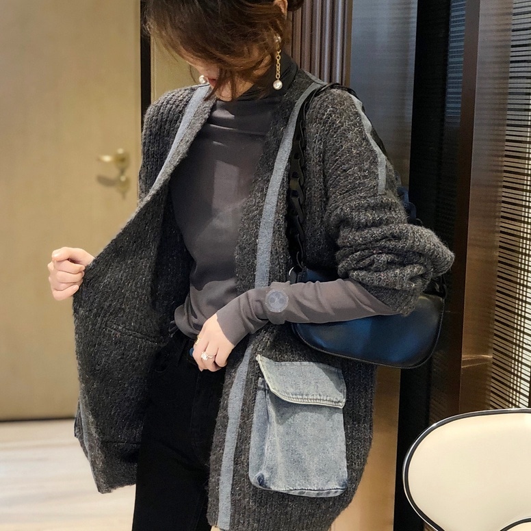 アウター セーター カーディガン 上着 長袖 切り替えデザイン ドッキング 前開き デニム