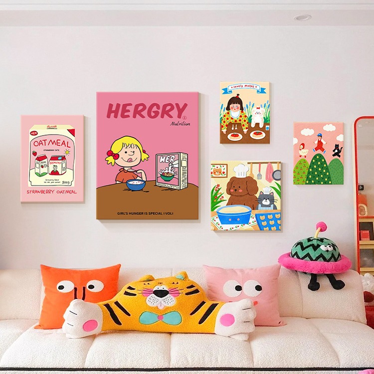 ドーパミンソフト家具クリームスタイルリビングルーム装飾絵画漫画ソファ背景壁掛け絵画かわいい寝室組み合わせ壁画