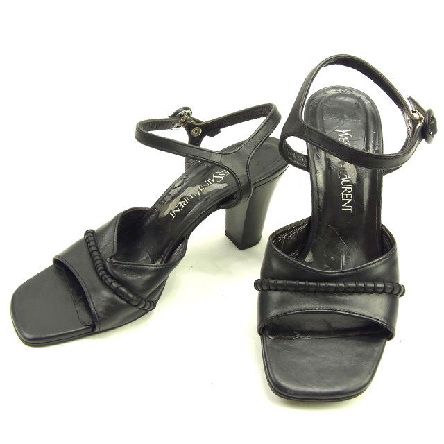 サンダル シューズ 靴 アンクルストラップ 35ハーフ チャンキーヒール ブラック 中古